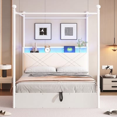 VVBV Hemelbed 140x190 cm - Hydraulische Opbergruimte, LED-Verlichting, USB-C, Huisdesign, Voor Kinderen/Tieners - Metaal Wit