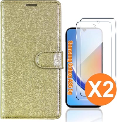 Hoesje geschikt voor Samsung Galaxy A35 5G hoesje bookcase Goud - Met screenprotector tempered glass voor Galaxy A35 - 2x