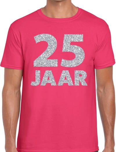 25 jaar verjaardag t-shirt - roze - voor heren - zilver glitters print - jubileum - leeftijd - korte mouwen S