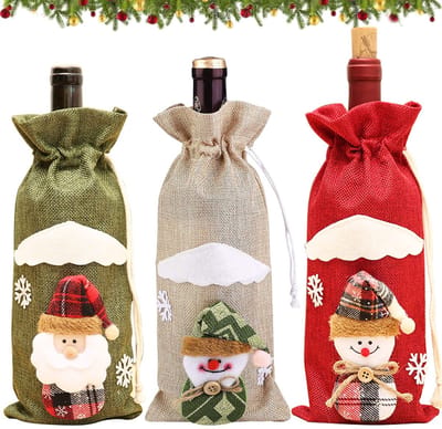 Dailygoods- Wijnfleszak Set van 3 - Herbruikbare Cadeauzakjes - Kerstpatroon: Kerstman/Sneeuwpop/Eland - Duurzaam Vliesstof - Perfecte Afmetingen 30x14 cm - Cadeauzak