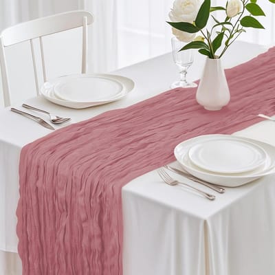 Tafelloper saliegroen, 90 x 400 cm, kaasdoek, rustieke gaasstof, boho, cheesecloth, bruiloft, tafelkleed, bruiloftsfeest, bruidsfeest, tafeldecoratie (roze)
