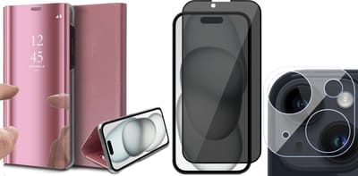 Hoesje geschikt voor iPhone 15 - Privacy Screenprotector FullGuard & Camera Lens Screen Protector - Book Case Spiegel Roségoud