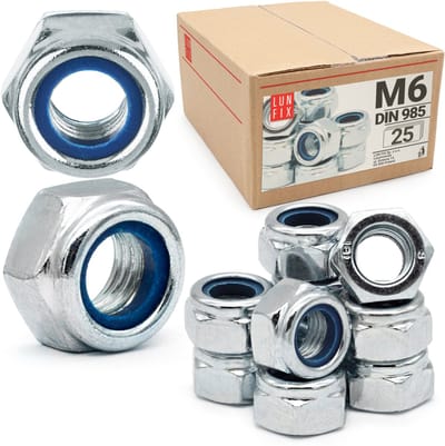 LUN FIX - Beveiligingsmoeren M6 - 25 stuks - DIN 985 - Zelfborgende moeren met nylonring - verzinkt staal - Stopmoeren Zeskantmoeren