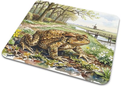Muismat Gewone Pad - Amfibie in Natuurlijk Bos & Polder Landschap - "Aquarel Serie" Mousepad met Molen & Brug Illustratie - Bureau Accessoires Cadeau voor haar: Vrouw, Vriendin & Collega - Groen Dierenthema - Schilderachtige Werkplek Decoratie