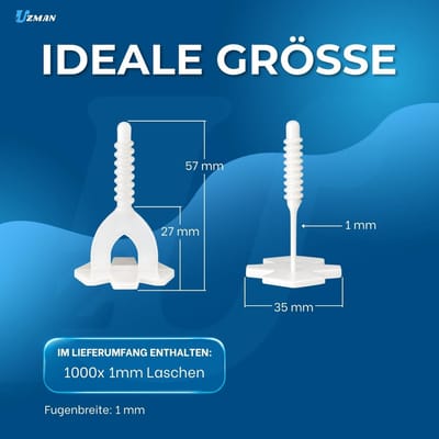 Uzman Tegelnivelleringssysteem, leghulp, voegbreedte 1 tot 3 mm, tegelwiggen voor een perfect voegenbeeld, voegenkruisen, installatiegereedschap (1 mm - 1000 stuks treklussen)