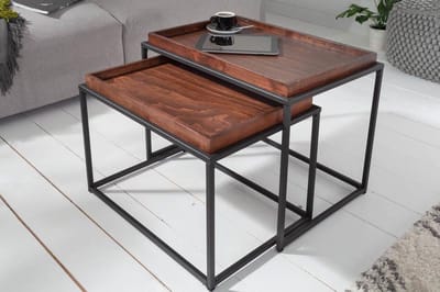 Set van 2 industriële salontafels 60 cm mokka beuken verwijderbaar blad