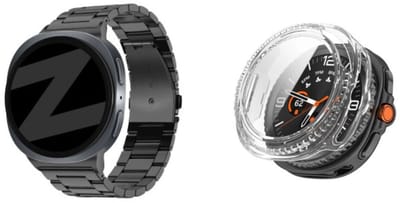 Bandz Bundel – RVS Schakelband ‘Classic’ – Zwart – (inclusief Inkortset) + Hard Case met Screenprotector Glas – Transparant – geschikt voor Samsung Galaxy Watch 8 Classic (46mm)