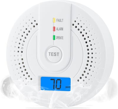Koolmonoxidemelder - draagbare CO-melder op batterijen (niet meegeleverd) - zeer gevoelige sensor, digitaal display, hoorbaar en visueel alarm - 9,6*9,6*3,1 cm - geschikt voor reizen, hotels, woningen en beveiligingsdoeleinden binnenshuis - wit