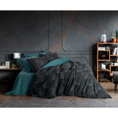 Parure de lit - 1 housse de couette 140 x 200cm + 1 taies d'oreiller 60 x 60 cm - 100% coton renforcé - Imprimé Bleu pétrole