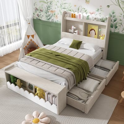 YEHTOKHOME Kinderbed Eenpersoonsbed Bed met Lades en Plank - Bank met Opbergruimte - Houten Bed 90x200 cm - Bedframe met Lattenbodem - Wit met Eikenkleur (zonder matras)