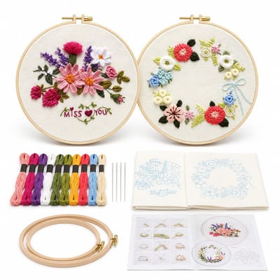 Gloovon® Borduurpakket Volwassenen - Borduren voor Beginners - 2 Complete Sets - Bloemen Patroon - Ø 20 cm - Inclusief Garen & Naalden
