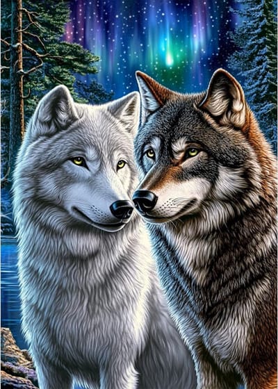 30x20cm Diamond Painting wolven noorderlicht (rond) nr 398