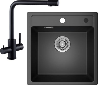 ANYCEE MAX Granieten Spoelbak 45x46cm - Spoelbakken Keuken Met 3 Wege Keukenkraan - Spoelbakken Met Waterafvoersysteem - Opbouw Spoelbak - Antraciet