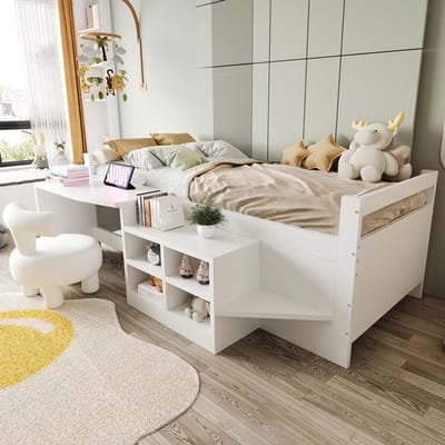 Pugsdrly Kinderbed 90×200 cm, met opbergvakken Bureau met stopcontacten die voldoen aan de Europese norm Eenpersoonsbed Houten bed Wit