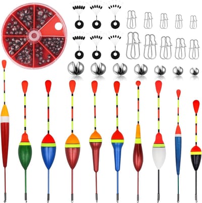 SnelShoppen - Complete Floats Fishing Set 10 Stuks, 54 Vissen Mallen, 6 Rubber Stoppers, 20 Spinning Mallen, Diverse Gewichten 0.5g tot 4.5g - Perfect