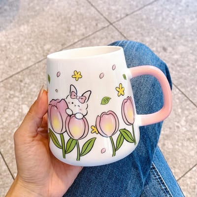 Tasse Mignonne Tasse à Eau Lapin Dessin Animé Aspect Haut de Gamme Tasse en Céramique Ménagère Cadeau d'Activité Souvenir Cœur de Fille 401-500ml