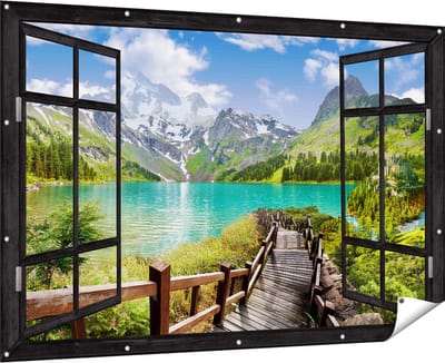 Gards Tuinposter Doorkijk Pad naar een Helder Blauw Meer in de Bergen - 180x120 cm - Tuindoek - Tuindecoratie - Wanddecoratie buiten - Tuinschilderij