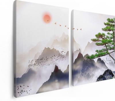 Artaza Canvas Schilderij Tweeluik Bergenlandschap Met Een Boom - Abstract - 120x80 - Foto Op Canvas - Canvas Print