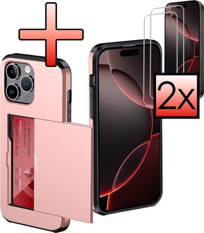 Hoes Geschikt voor iPhone 16 Pro Hoesje Pasjeshouder Hard Cover Met 2x Screenprotector Shock Proof Hard Case Hoes Met Kaarthouder - Rosé goud