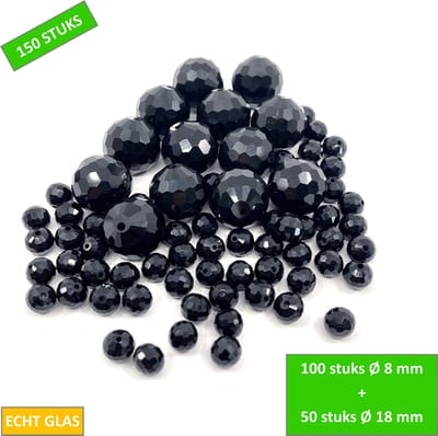 TQ4U Glaskralen - Zwart - Facetgeslepen - Ø 8 mm (100 stuks) + Ø 18 mm (50 stuks)