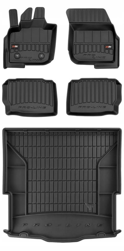 Frogum ProLine Complete Set: Luxe Rubberen Automatten + Kofferbakmat - Geschikt voor Ford Mondeo Mk5 Stationwagen (Kombi) vanaf 2015 - Bevestigingsafstand 24,5 cm - Voor volwaardig reservewiel - Geurloos TPE - Zwart