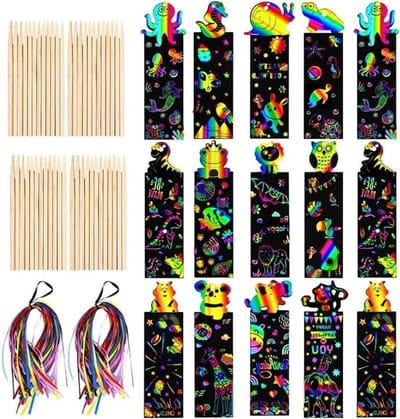 96 Pcs Scratch Art Boekenleggers met 12 Stijlen, Magische Regenboog en Dierenontwerpen voor Kinderen, Perfect voor School en Feestjes met Houten Stylus