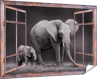 Gards Tuinposter Doorkijk Olifant Moeder en Zoon - Zwart Wit - 180x120 cm - Tuindoek - Tuindecoratie - Wanddecoratie buiten - Tuinschilderij