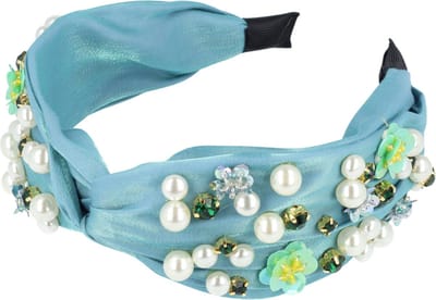 Haarsoires Haarband Diadeem 5cm – Statement – Bloem Parelkralen Strass Steentjes – Blauw - Glanzende Haaraccessoire voor Feest of Bruiloft - Geschikt voor Feest & Bruiloft