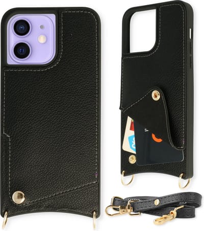 Casemania Hoesje Geschikt voor Apple iPhone 12/12 Pro - Back Cover met Draagkoord - Pasjeshouder Hoes met Bandje - Crossbody Telefoonhoesje - Lanyard Case - Zwart