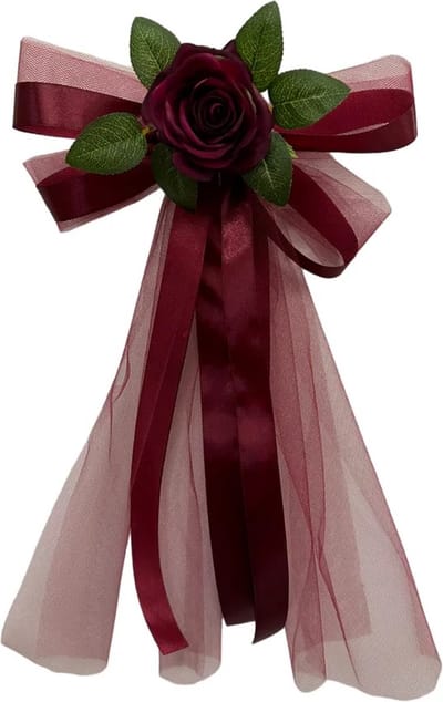 autodeco.nl SIA BURGUNDY Handvatten Decoratie 4 stuks - Trouwauto Versiering - Burgundy Rozen met Linten en Tule - Bloemen voor op de Handvatten - Versiering Handvat Auto - Autoversiering voor Volgauto's