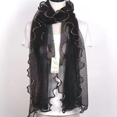 Sjaal, Dames Ruche Rand, Heldere Zijde, Effen Kleur Kant Sjaal, Modieus en Veelzijdig, Dames Rode Etnische Stijl black