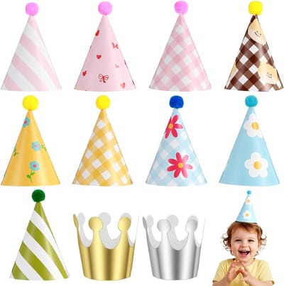 Feestelijke Mini Party Hoedjes Set van 11 Stuks, Kleurige Hoedjes met Elastische Band, Geschikt voor Kinderen en Knuffeldieren, Inclusief Pompoms en Verjaardagskroon