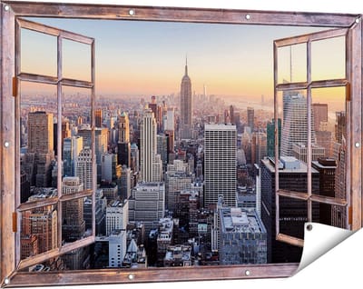 Gards Tuinposter Doorkijk New York Skyline met Wolkenkrabbers - 120x80 cm - Tuindoek - Tuindecoratie - Wanddecoratie buiten - Tuinschilderij