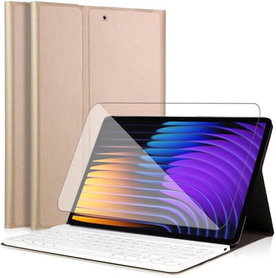 Hoes met toetsenbord geschikt voor Xiaomi Mi Pad 7 / 7 Pro (11.2 inch - 2025 - 7e Generatie) - Screen Protector GlassGuard - Keyboard Book Case Cover Hoesje Goud & Screenprotector