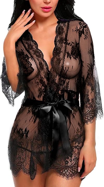 Dames Sexy Babydoll Kimono Nachtjapon met Kant en G-String Set