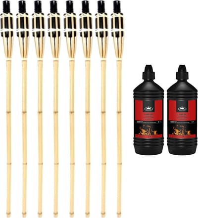 8x stuks Bamboe tuinfakkels 90 cm - Inclusief 2 liter lampenolie/fakkelolie