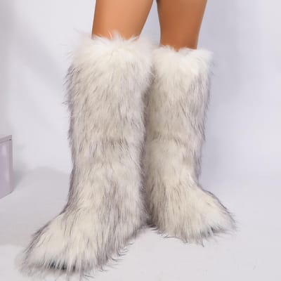 Dames Knielange Fuzzy Faux Fur Laarzen - Zacht, Warm en Comfortabel Instapmodel met Platte Hak Dames Pluche Warme Plateauschoenen 38 gray