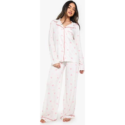 boohoo Dames Bow Print Piping Detail Long Sleeve Shirt & Trousers Pyjama Set | Cream | Maat: 10