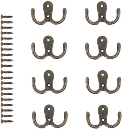 8 Retro Metalen Haakjes voor Kleding en Sleutels - Dubbele Kledinghaken voor Badkamer, Slaapkamer en Keuken met Schroeven