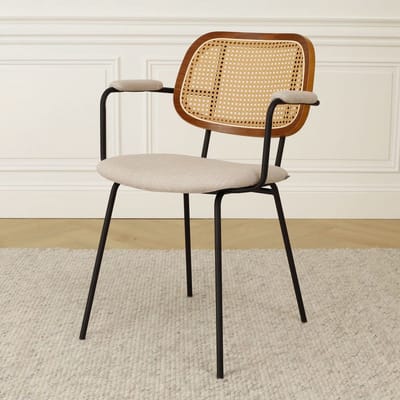Nolon Jolie Eetkamerstoel Beige - met Rotan Rugleuning - Zwarte Metalen Poten - met Armleuning - Eettafelstoel - Retro - Schoolstoel