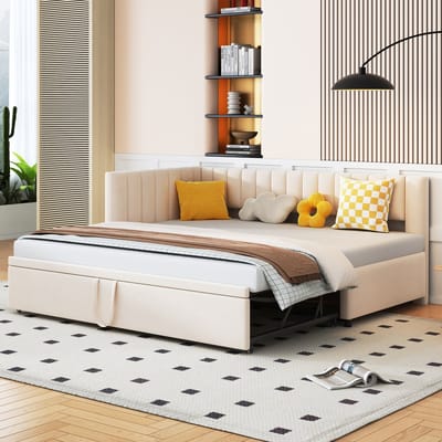 STILVORA Slaapbank 90x200 Cm – L Vorm Met Uitschuifbed Naar 180 Cm – Ruimtebesparend Voor Kinder En Gasten – Gestoffeerd Fluweel – Zonder Matras – Beige