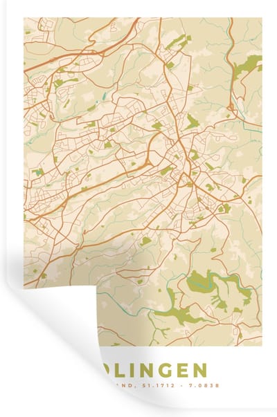 Muurstickers - Sticker Folie - Plattegrond - Solingen - Vintage - Stadskaart - Kaart - 20x30 cm - Plakfolie - Muurstickers Kinderkamer - Zelfklevend Behang - Zelfklevend behangpapier - Stickerfolie