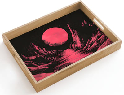 Dienblad hout 40x30 cm - Schootdienblad - Maan - Felroze - Bergen - Rivier - Borrelplank rechthoek - Plateau dienbladen
