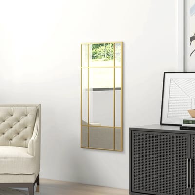 MODFU - Wandspiegel - Rechthoekig - Roosterdesign Met Negen Vakken - Metalen Frame - Goud - 110 X 50 Cm