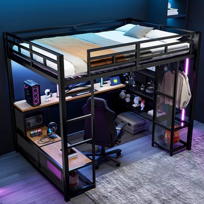 MIVRAY Hoogslaper 140x200 cm - Zonder Matras met Bureau, Kast en Ledverlichting - Ruimtebesparend Voor Slaapkamer - Metaal en MDF - Zwart