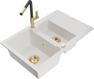 Mexen Gaspar granieten spoelbak 1,5-komor met afdruiprek en keukenkraan Flora, wit - 6507-20-670401-57-G
