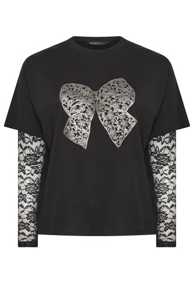 Limited Collection Zwart Tshirt Met Strikprint En Kant Size 44