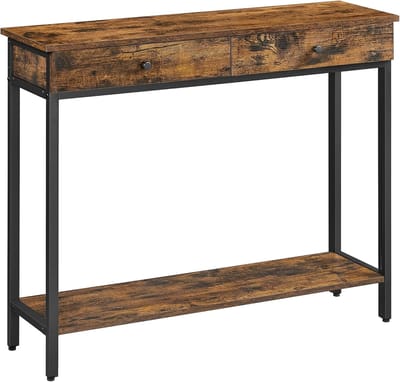 HOMESY Consoletafel, entreetafel, salontafel met 2 laden, stalen frame, stabiel, voor hal, slaapkamer, woonkamer, industriële stijl, rustiek bruin en zwart