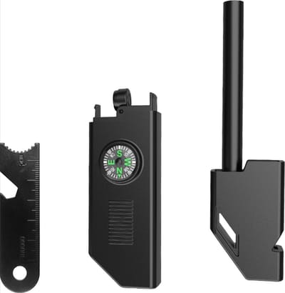Ulanax - Zwarte Multitool - Gadgets voor Vuursteen en Strijker - Vuurstarter met Magnesium Stick - Vaderdag Cadeau - Survival Kit met Noodpakket - 6-in-1 Survival Tool - Kompas, Noodfluit, Opbergvakje, Opmeetstuk en Flessenopener