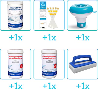 Zwembad Onderhoudspakket - Onderhoud Zwembad - bevat Chloor - Testrips - Chloordrijver - PH-min - PH-plus en Scrubborstel (6-delig)